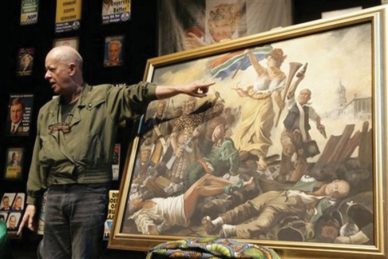 South African artist Pieter-Dirk Uys shows a painting that gives comment on South African politics and shows different South African leaders in Cape Town, South Africa, Wednesday,  April 8, 2009. South Africa's top satirist, who was long a thorn in the flesh of the apartheid regime, on Wednesday accused the ruling party of intimidating its critics and threatening press freedom. (AP Photo/Schalk van Zuydam)