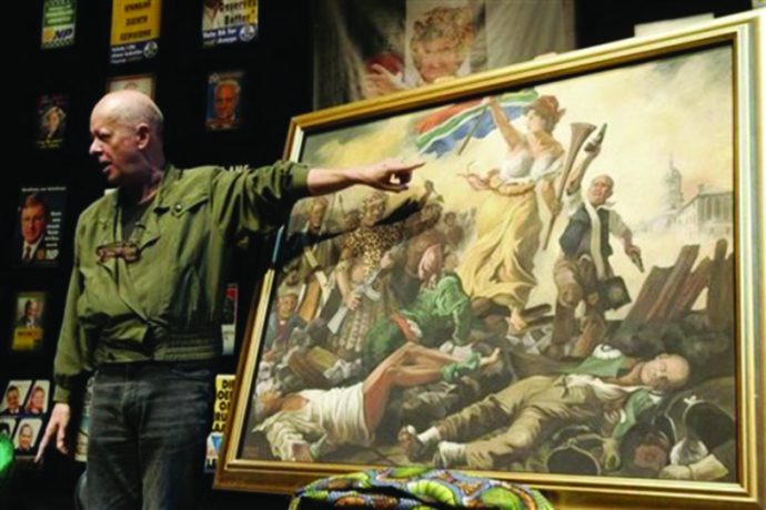 South African artist Pieter-Dirk Uys shows a painting that gives comment on South African politics and shows different South African leaders in Cape Town, South Africa, Wednesday, April 8, 2009. South Africa's top satirist, who was long a thorn in the flesh of the apartheid regime, on Wednesday accused the ruling party of intimidating its critics and threatening press freedom. (AP Photo/Schalk van Zuydam)